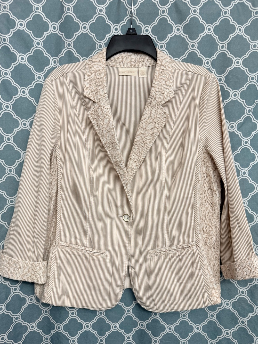 Chico's Cream and Tan Striped Blazer with Lace Trim Size 2